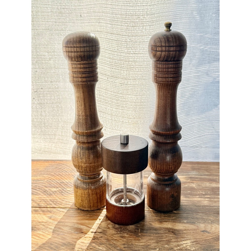 VTG MCM Wood Salt & Pepper Mills Grinder Set Acrylic Spice Mill Rustic Farmhouse